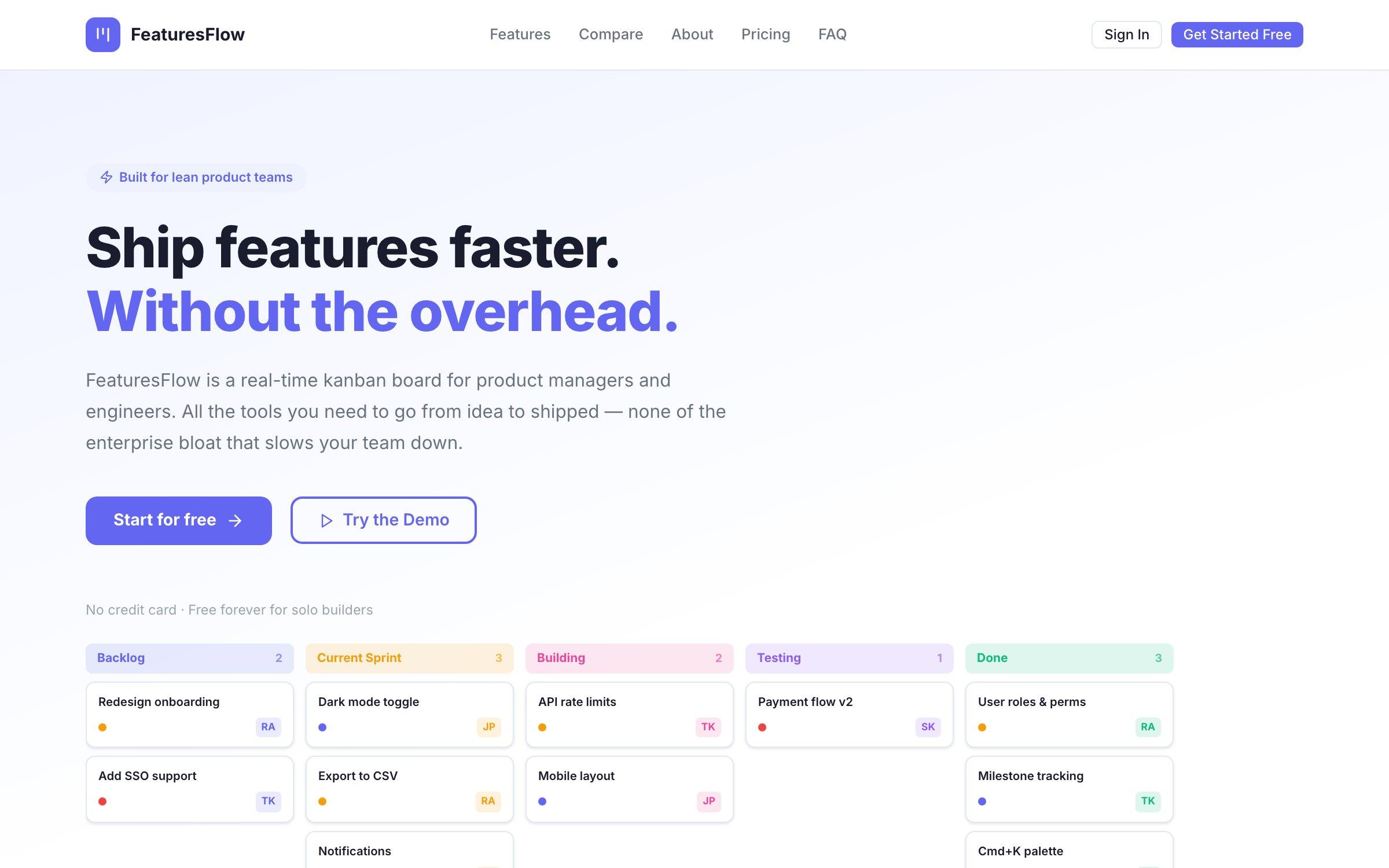 FeaturesFlow real-time kanban board with Backlog, Current Sprint, Building, Testing, and Done columns