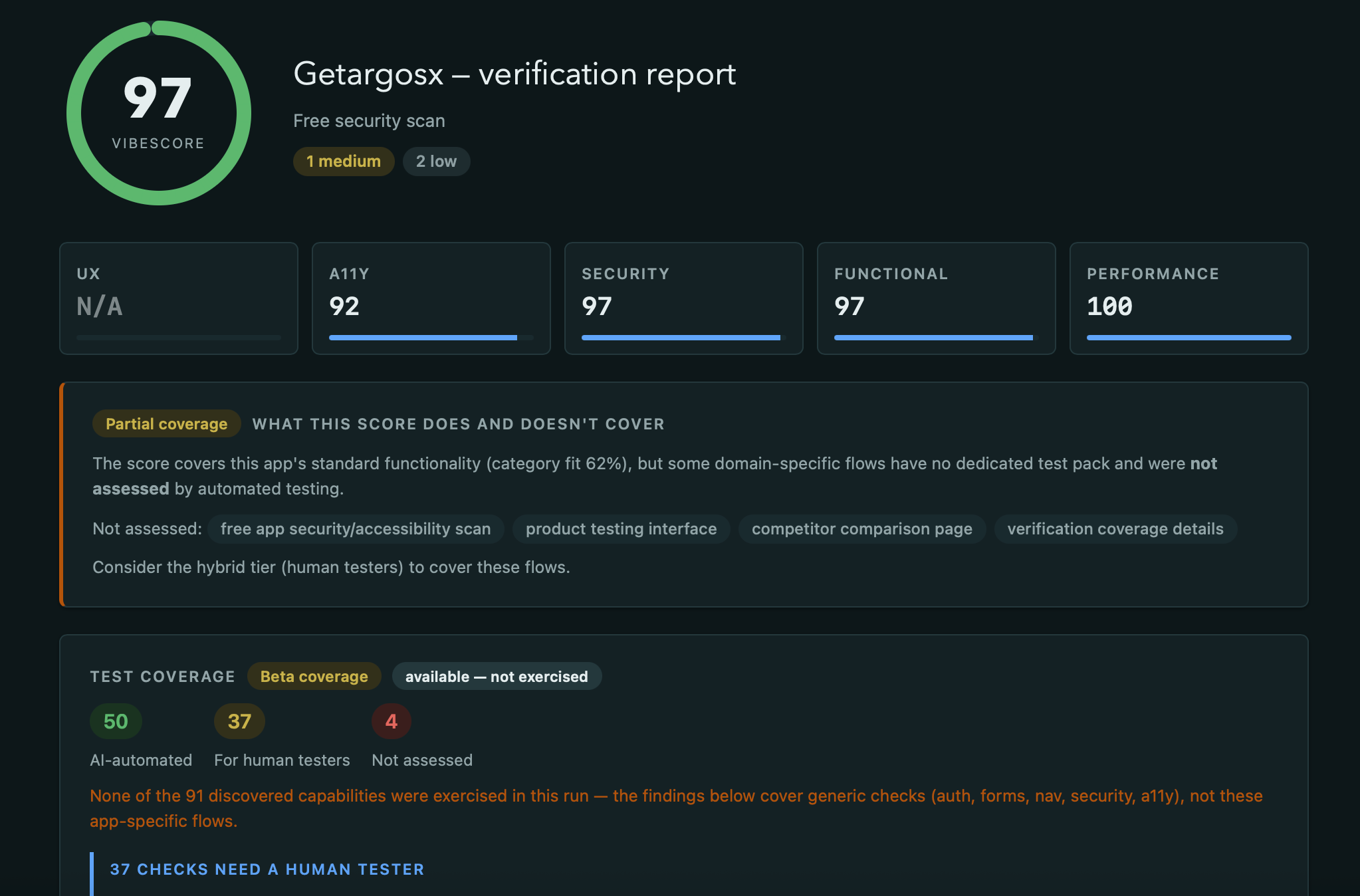 ArgosX deep scan report showing security findings, VibeScore, and prioritized issues