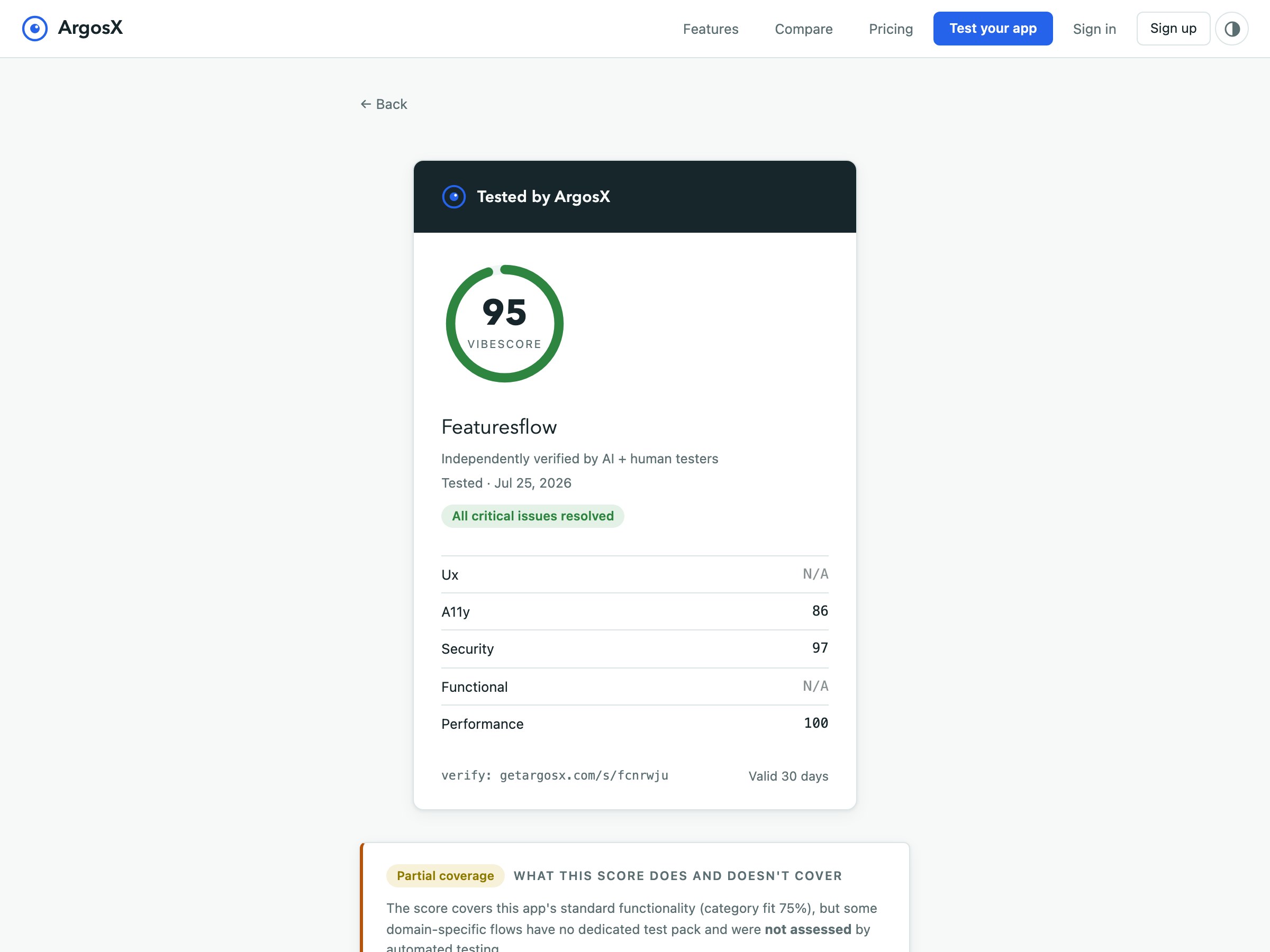 ArgosX VibeScore trust card showing a 95 score, tested by ArgosX, all critical issues resolved, with security, accessibility and performance sub-scores